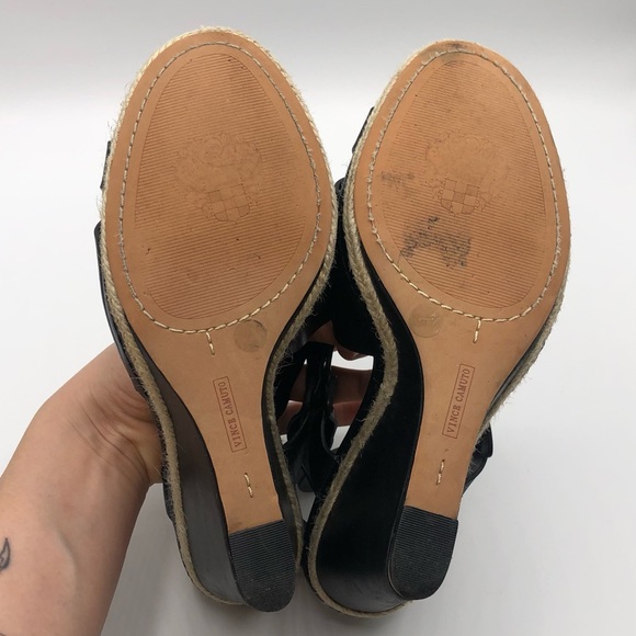 Vince Camuto Black Leather Strappy Espadrille Detail Wedge Heels Size 9.5 - Picture 8 of 8